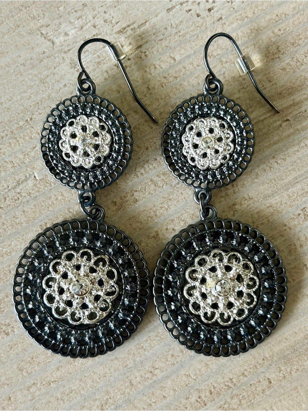 GUNMETAL DANGLE EARRINGS DOUBLE CIRCLE SILVER FILIGREE RHINESTONE